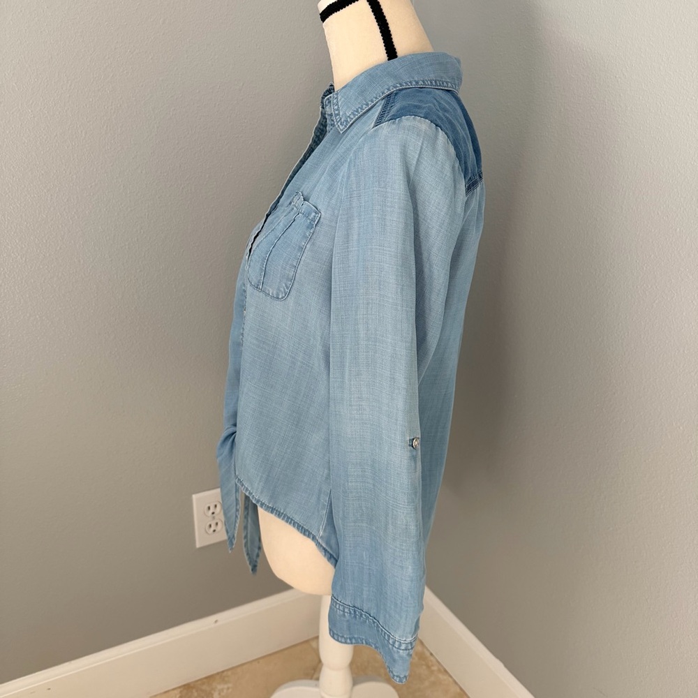 Chico's Light Blue Tie-Front Denim Button-Down - Picture 4 of 12